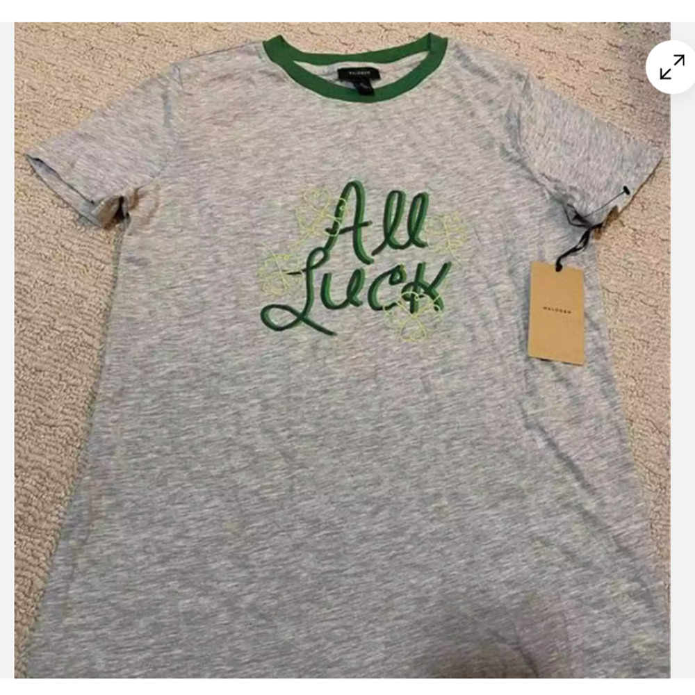 Women’s Halogen All Luck Tee Tshirt Gray Green 4 leaf clover Short Sleeve IRISH